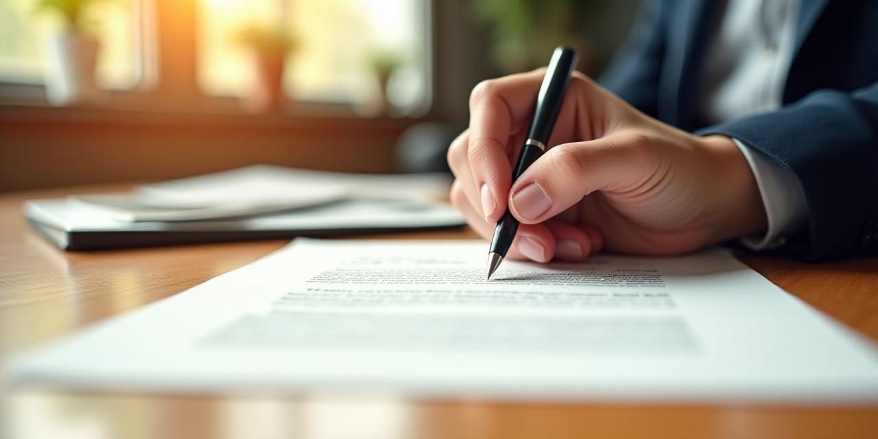 Close-up professional of hands signing a consulting agreement on a wooden desk